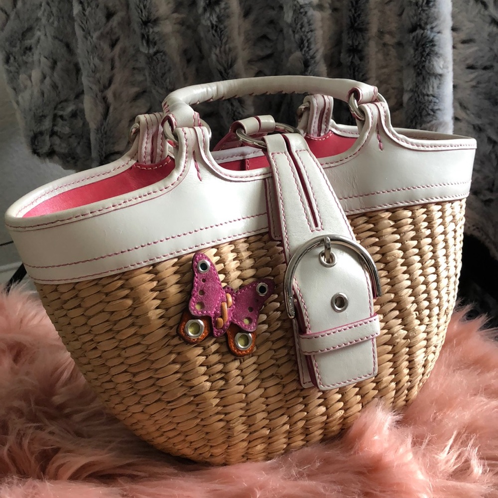 Coach White Leather and Straw Bag